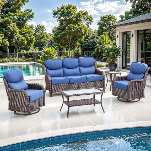 Jentlehouse 5 Pieces Outdoor Patio Furniture Set,Wicker Rattan Patio Sofa Set with Swivel Chairs,2-Tier Table and Side Table,Outdoor Conversation Set for Poolside Balcony Backyard Porch