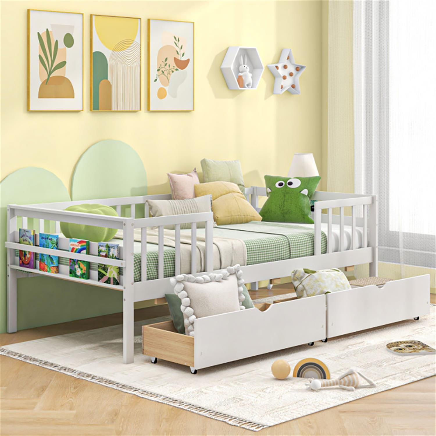 Demi Bonn Twin Daybed with Fence and 2 Drawers, Modern Wooden Bed Frame for Teens, White