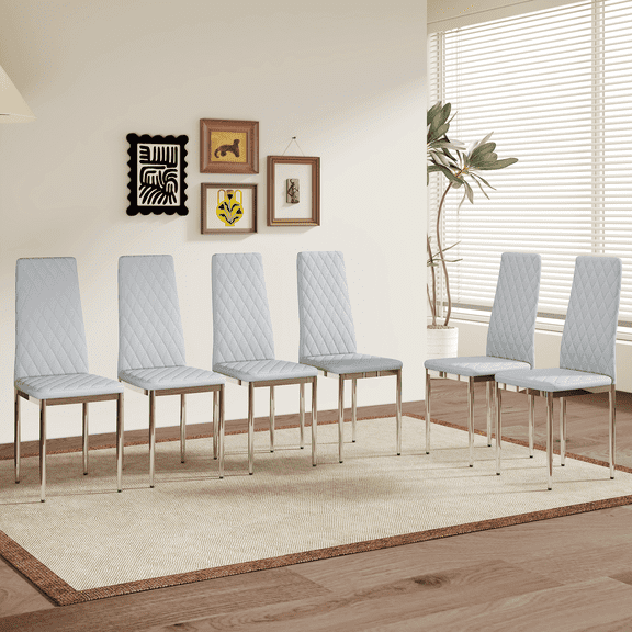 Dining Chairs Set of 6, Diamond Tufted PU Leather Upholstered Side Chairs with Polished Chrome Metal Legs, High Back Ergonomic Seating for Kitchen and Dining Room, Light Gray