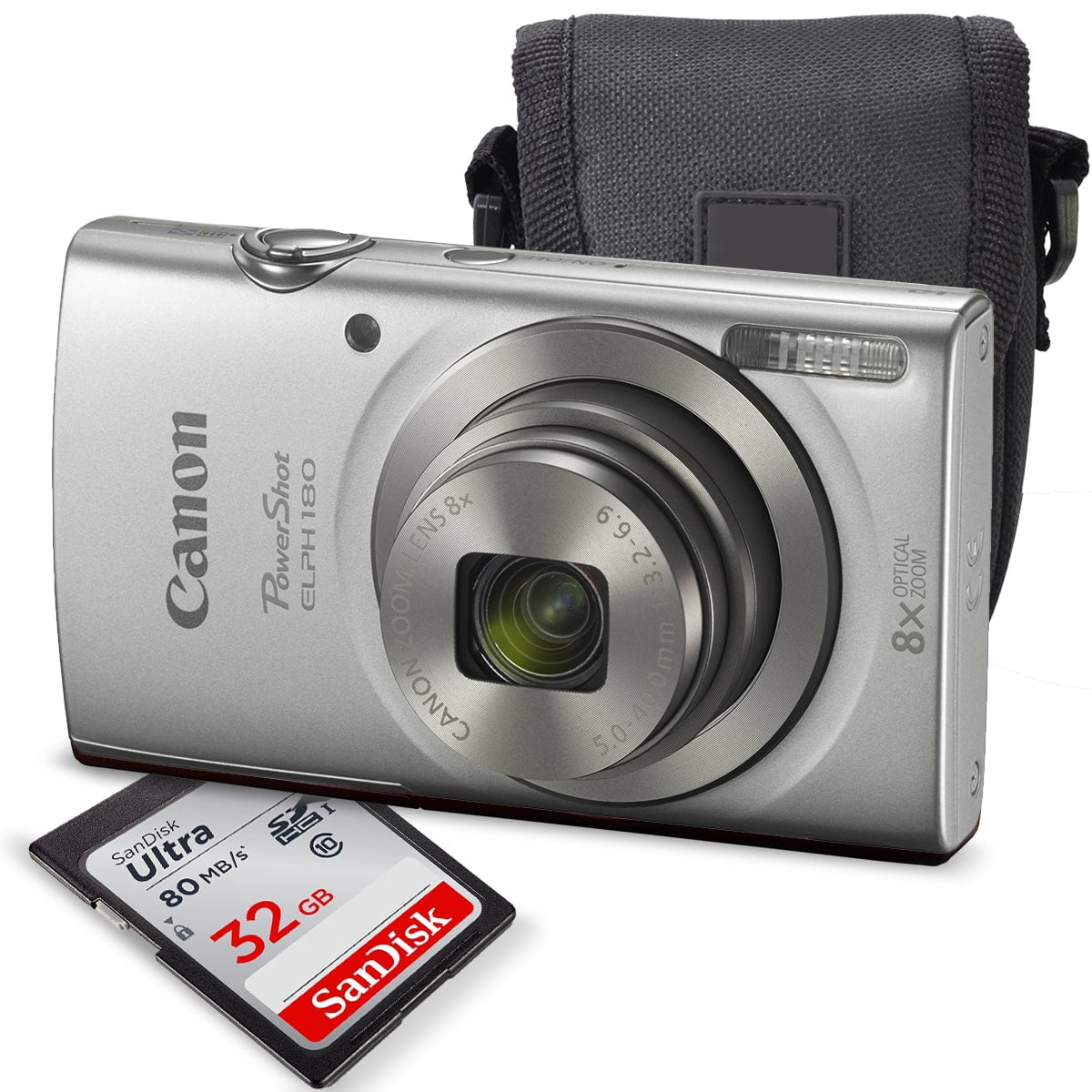 Canon PowerShot ELPH 180 Digital Camera (Silver) + 32GB SDHC Memory