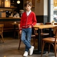 thumbnail image 6 of Boys‘ Cotton Cardigan Sweater Button-Up V-Neck Knit Basic Casual Outerwear School Uniform Sweater Striped Rib Trim Pullover, 6 of 6