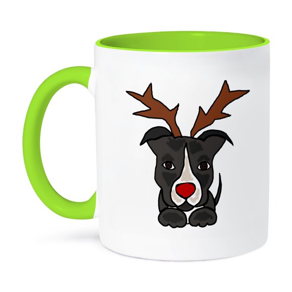 3dRose, Funny Pitbull Dog Dressed as Rudolph Red Nosed Reindeer, 11oz Two-Tone Green Mug