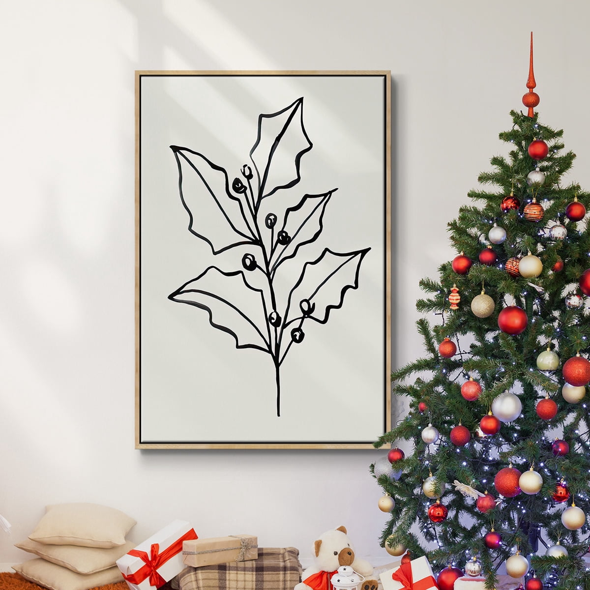 Evergreen Ink I - Framed Gallery Wrapped Holiday Canvas - 27 x 41 - Natural Wood Frame