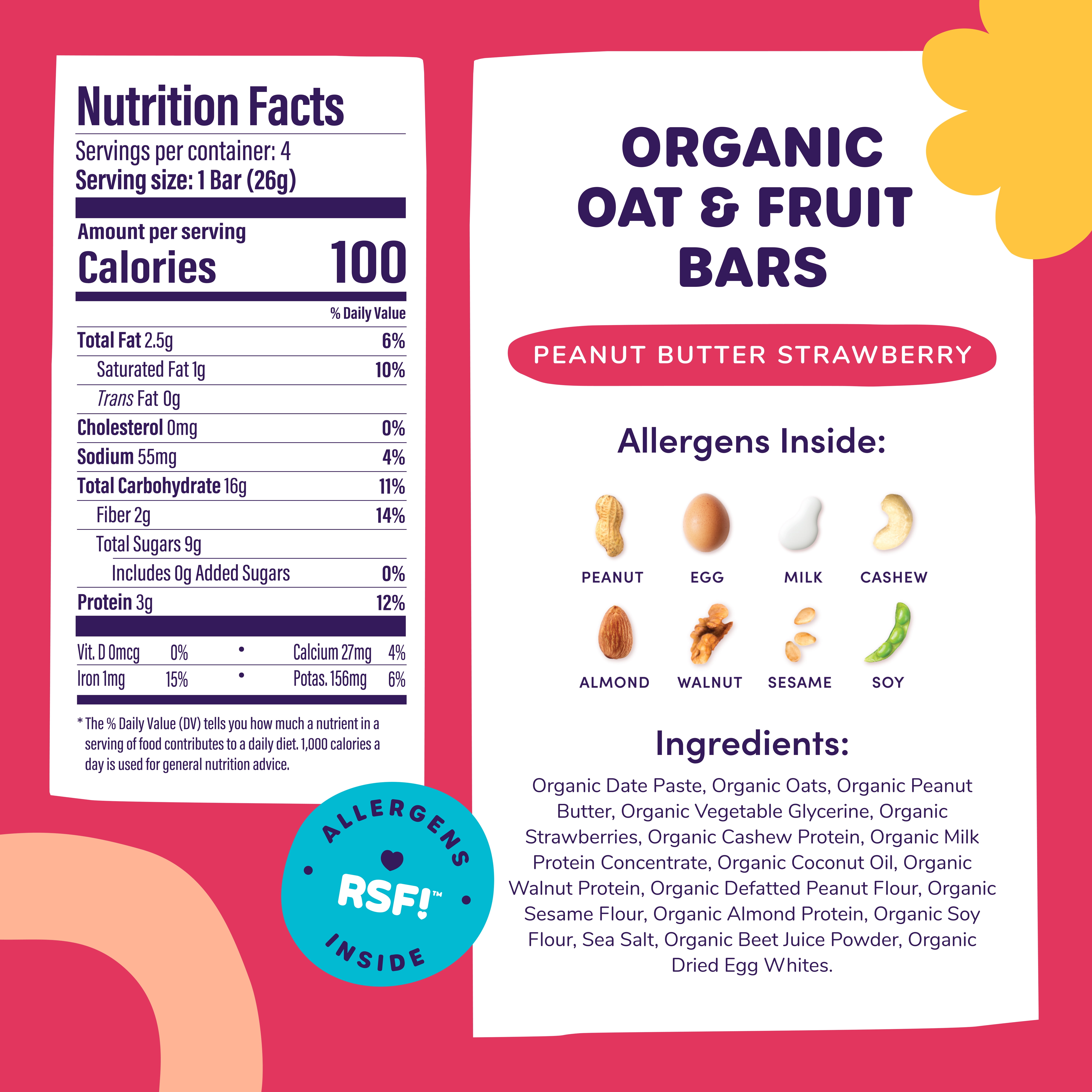 (3 pack) Ready, Set, Food! Organic Oat & Fruit Bar, Toddler Snack, 8 Top Allergens, Peanut Butter Strawberry
