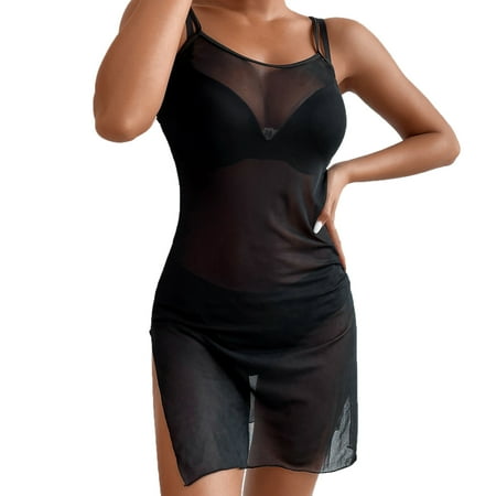 Huowey Women Bikini Drawstring Waist Knot Mesh Cover Up Without Lingerie Split Fork Dress Beach Wrap Bikini Shiny Wraps Cover Ups For Swimwear Bohemian Bathing Suit Honeymoon Cruise Trendy Wear