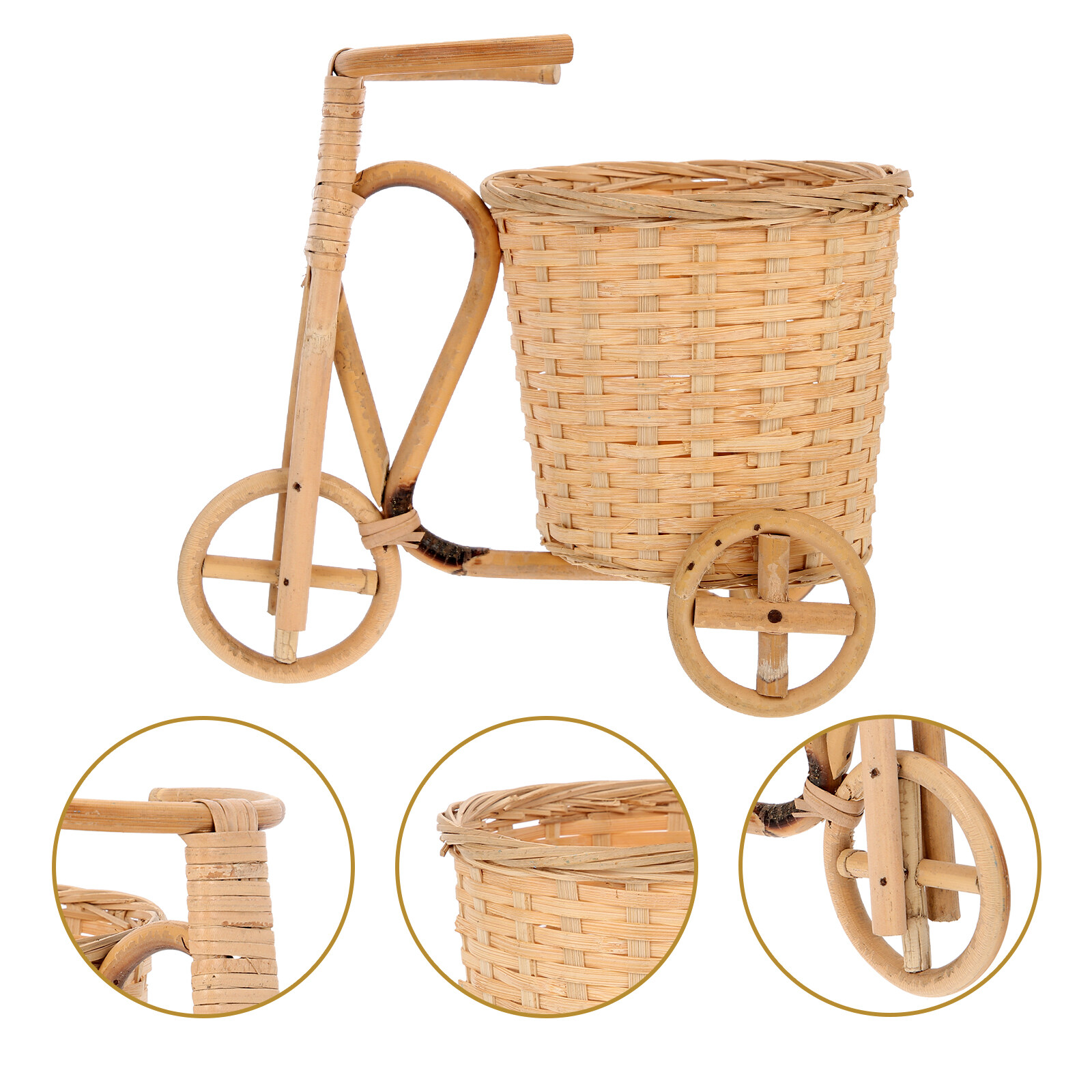Bamboo Handicraft Rattan Tricycle Basket Tricycle Flower Basket Desktop