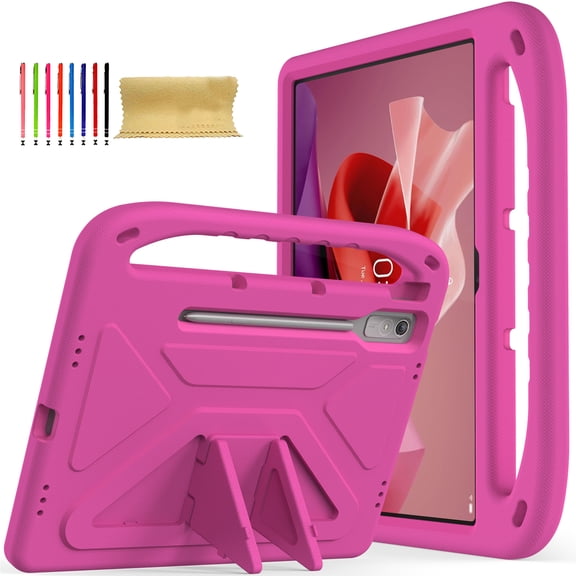 Kids Case for Lenovo Tab P12 12.7" 2023, Heavy Duty Shockproof Silicone Kids Friendly Kickstand Cover with Handle Grip & Stylus Holder for Lenovo Tab P12 12.7" 2023, Rose