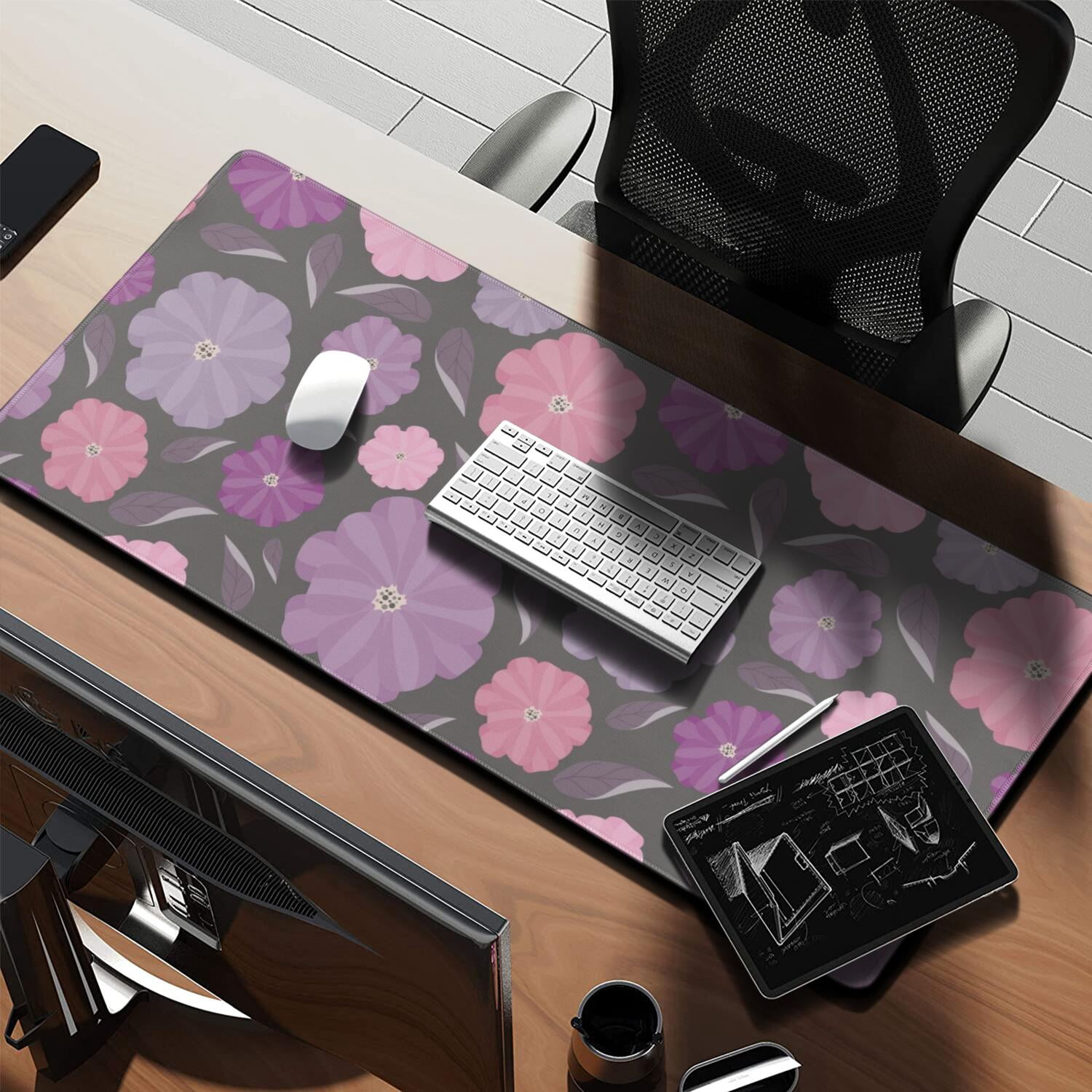 Long Mouse Pads for Desk,Pioneer Flower Floral Print Pattern Desk Mats on Top Of Desks, Desk Mouse Pad Extra Large with 3mm Non-Slip Base and Stitched Edge for Gaming,Office,Work,Home 35.4"x15.7"