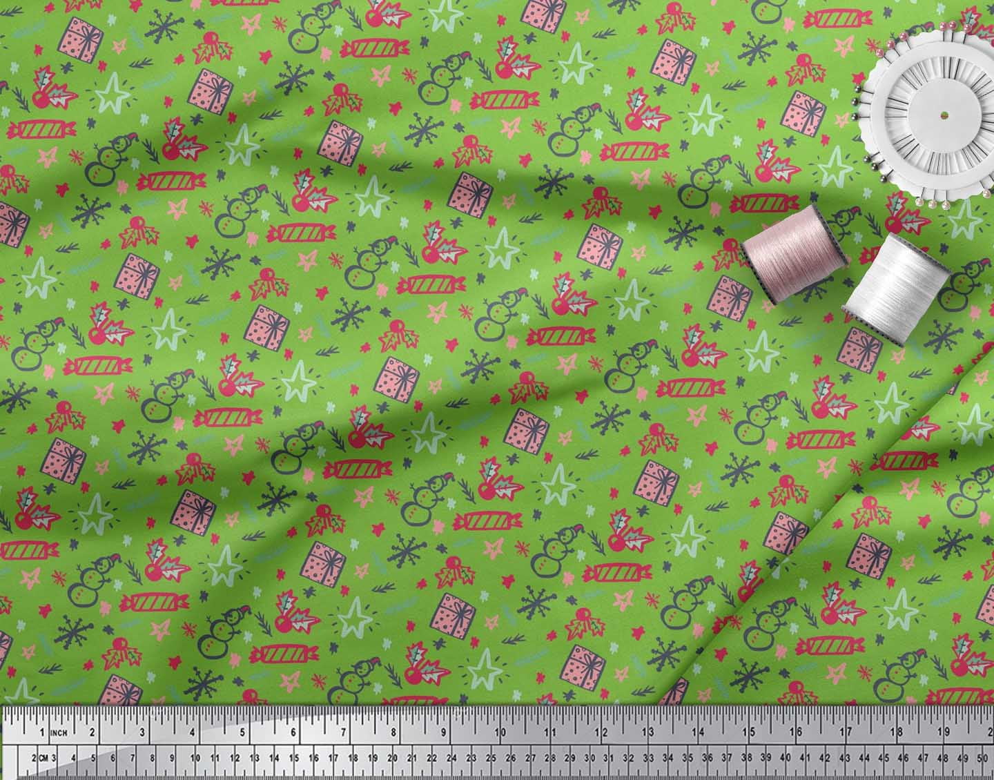 Soimoi Green Rayon Fabric Snowman,Candies & Gift Box Christmas Decor Fabric Printed Yard 56 Inch Wide