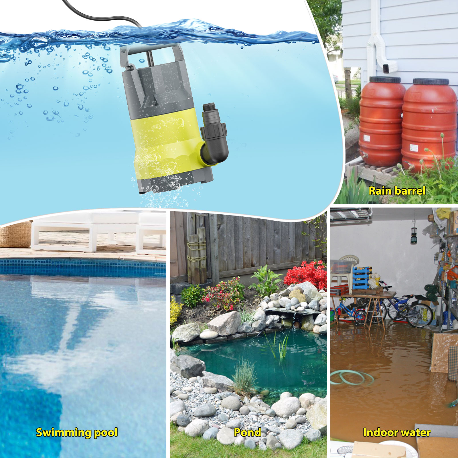 Sump Pump Submersible Water Pump 1.5HP 5500GPH Portable Water Transfer Draining Pump Utility Pumps for Pool Basement Hot Tub Garden with Adapters