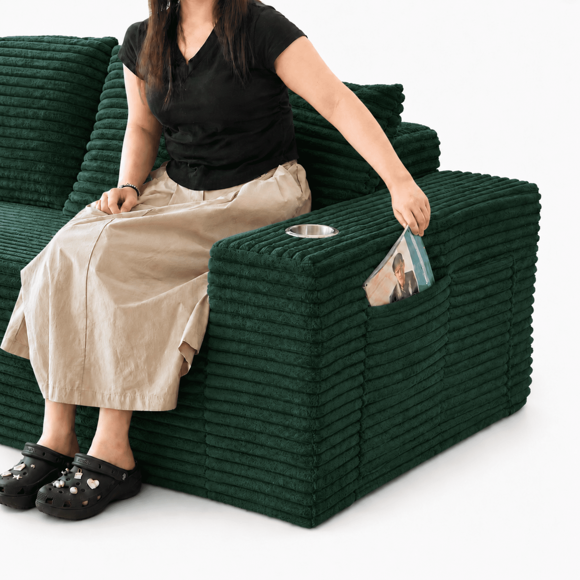 Leumius 2-in-1 Convertible Sofa Bed,Boneless Corduroy Modular Sleeper Couch with Cup Holders & Side Storage Pockets,Oversized Deep Seat Sofa for Living Room, Apartment, Guest Room,Green