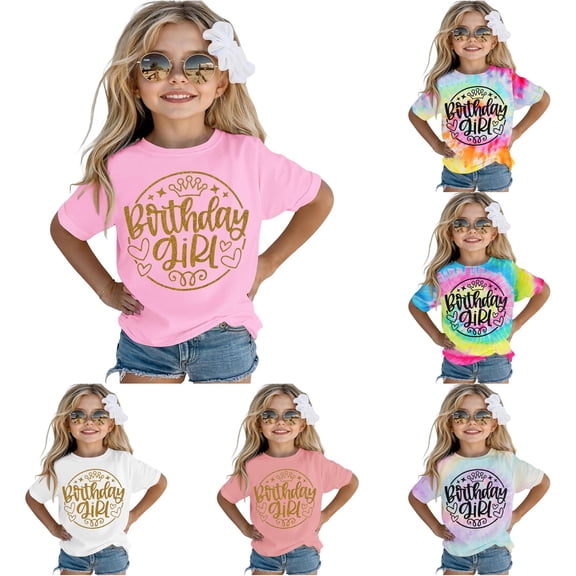 RMGVDSD Birthday Girl Shirt Toddler Kids Girls Tie Dye T Shirts Letter Print Casual Basic Tees Graphic Birthday Party Tshirts 10-11 Years