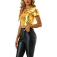 thumbnail image 4 of INSPIRE CHIC Metallic Crop Tops for Women's Keyhole Short Sleeve Halloween Party Shiny Holographic Top M Gold, 4 of 5