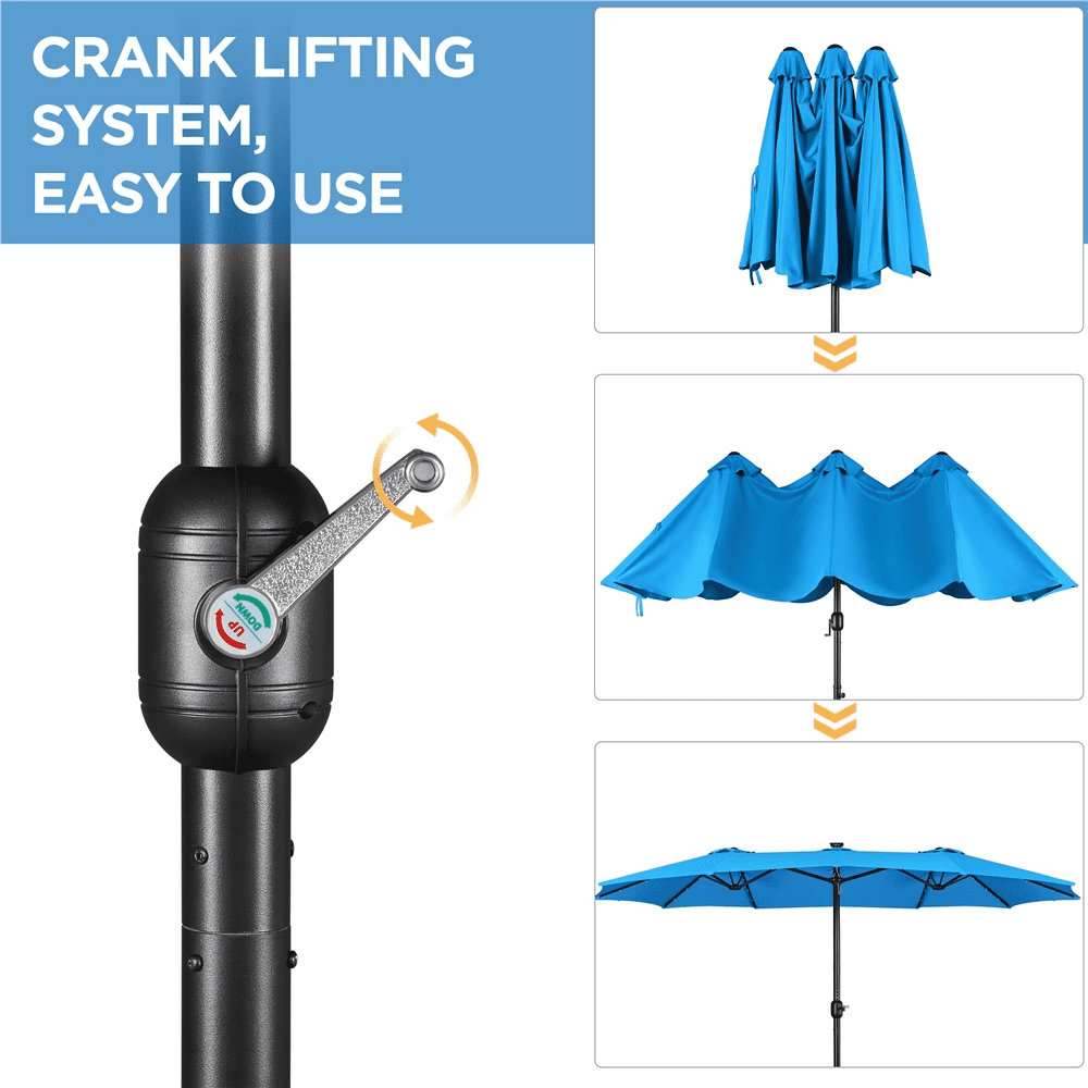 Renwick 15 ft Twin Patio Parasol Umbrella with Base & LED Lights, Sky Blue
