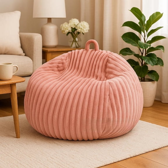 YANTONG Ribbed Rabbit Fur Stuffed Animal Storage Bean Bag Chair Cover (No Filler) Comfy Bean Bag Cover Without Filling or Home Bedroom Decor Organizing Plush Doll Textile Holder(Pink,L)