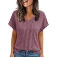 thumbnail image 2 of Women's V Neck Ribbed Knit Top Short Sleeve Soft Loose Fit Basic Casual Spring Summer Daily Tops By Yigetop Purple S, 2 of 4