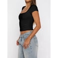thumbnail image 3 of Women'S Square Neck Crop Top Short Sleeve T-Shirts Slim Fitted Going Out Tops Y2K Cute Basic Tees Black L, 3 of 7