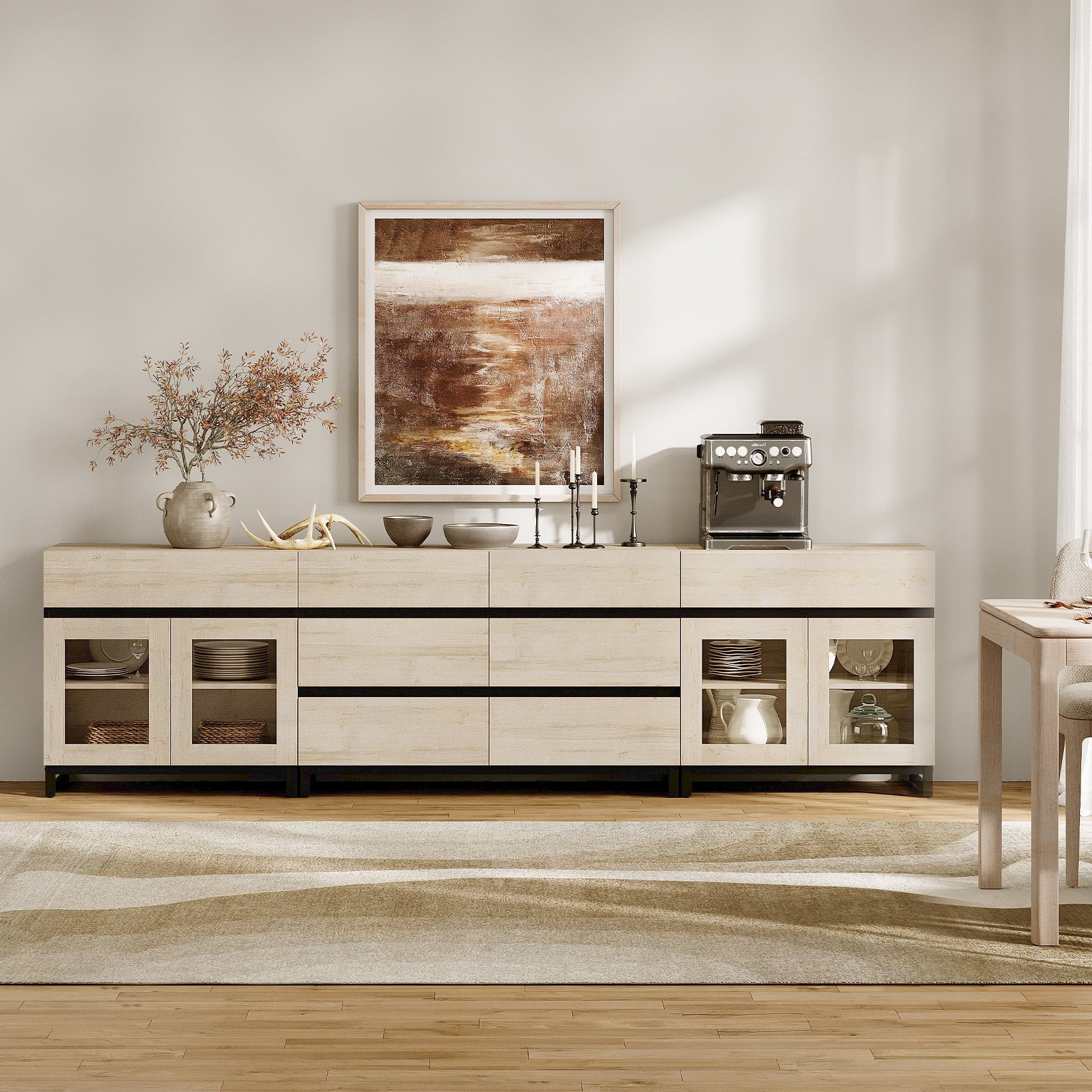 Modern Sideboard with Adjustable Shelves and 8 Drawers, 3 in 1 Storage Cabinet with Glass Doors, Coffee Bar Cabinet for Living Room, Kitchen, Beige