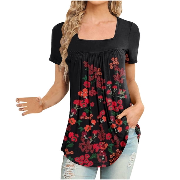 Blusa suelta de manga corta con cuello en V informal estampada a la moda para mujer OAVQHLG3B Store lin121212