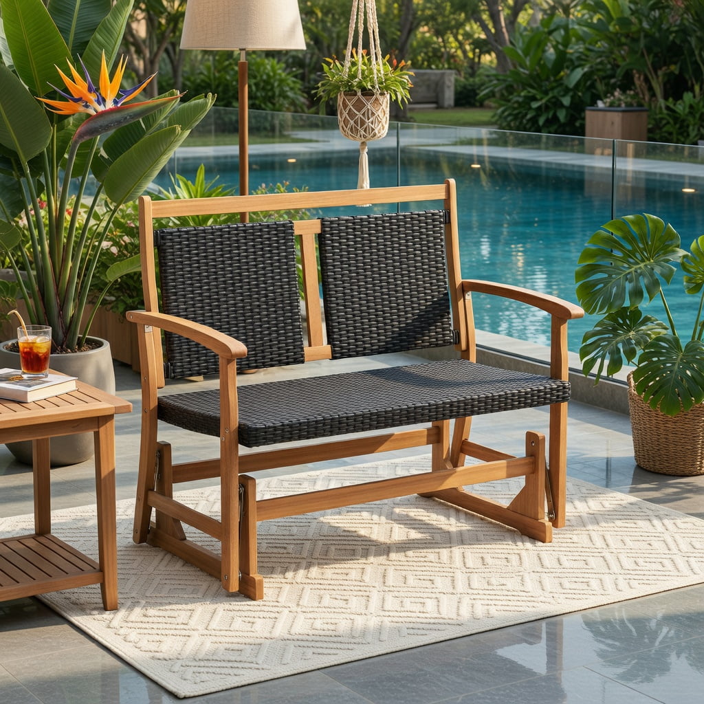 Hommoo 2-Person Outdoor Glider Bench with PE Rattan Seat & Back, Acacia Wood Frame, Sturdy Metal Base, for Patio, Backyard, Balcony Seating, Brown