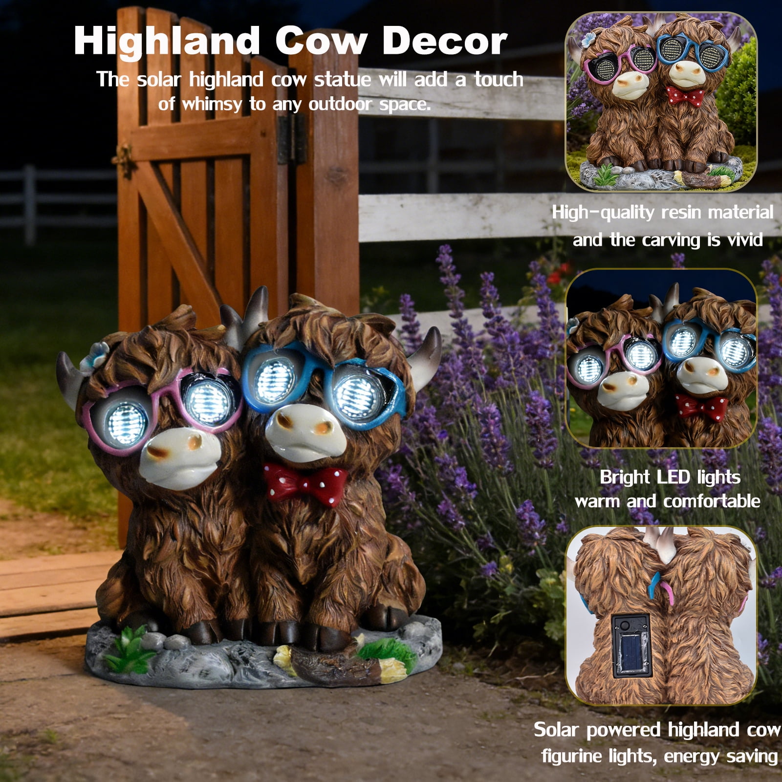 Solar Garden Highland Cow Decor Outdoor, Couple Highland Cow Statues with Dynamic LED Lights, Resin Highland Cow Figurine Lights for Garden Patio Lawn Yard Decor, Unique Birthday Gifts for Women Mom