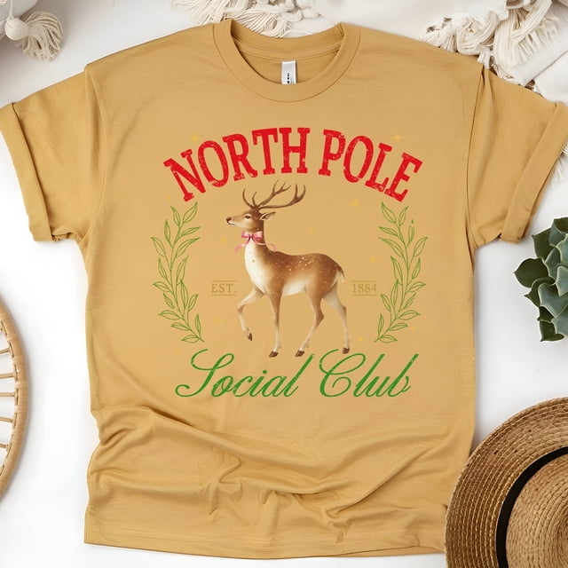 North Pole Social Club T-Shirt | Reindeer Holiday Graphic Tee, Gold, Size 2XL
