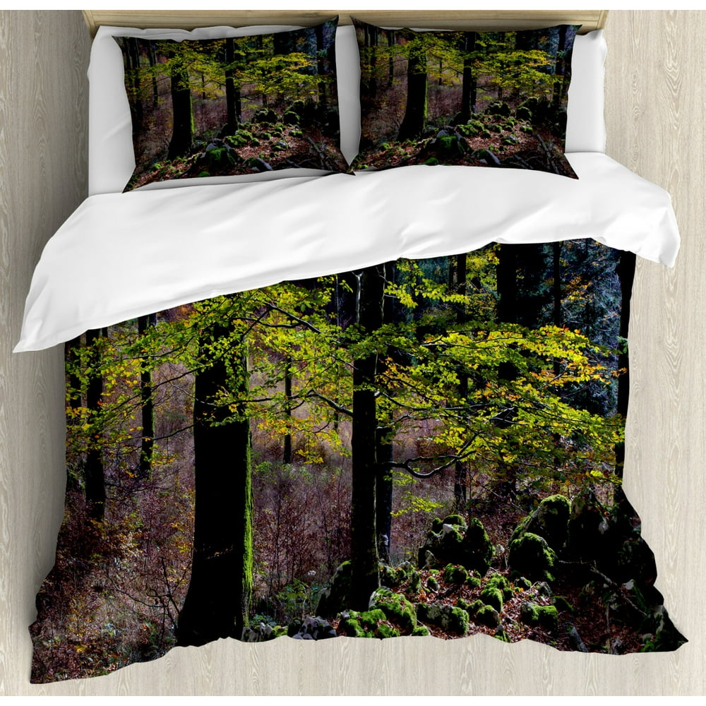 Forest Duvet Cover Set, Natural Scenery Trees Autumn Season in Woods Wilderness Rural Growth Eco