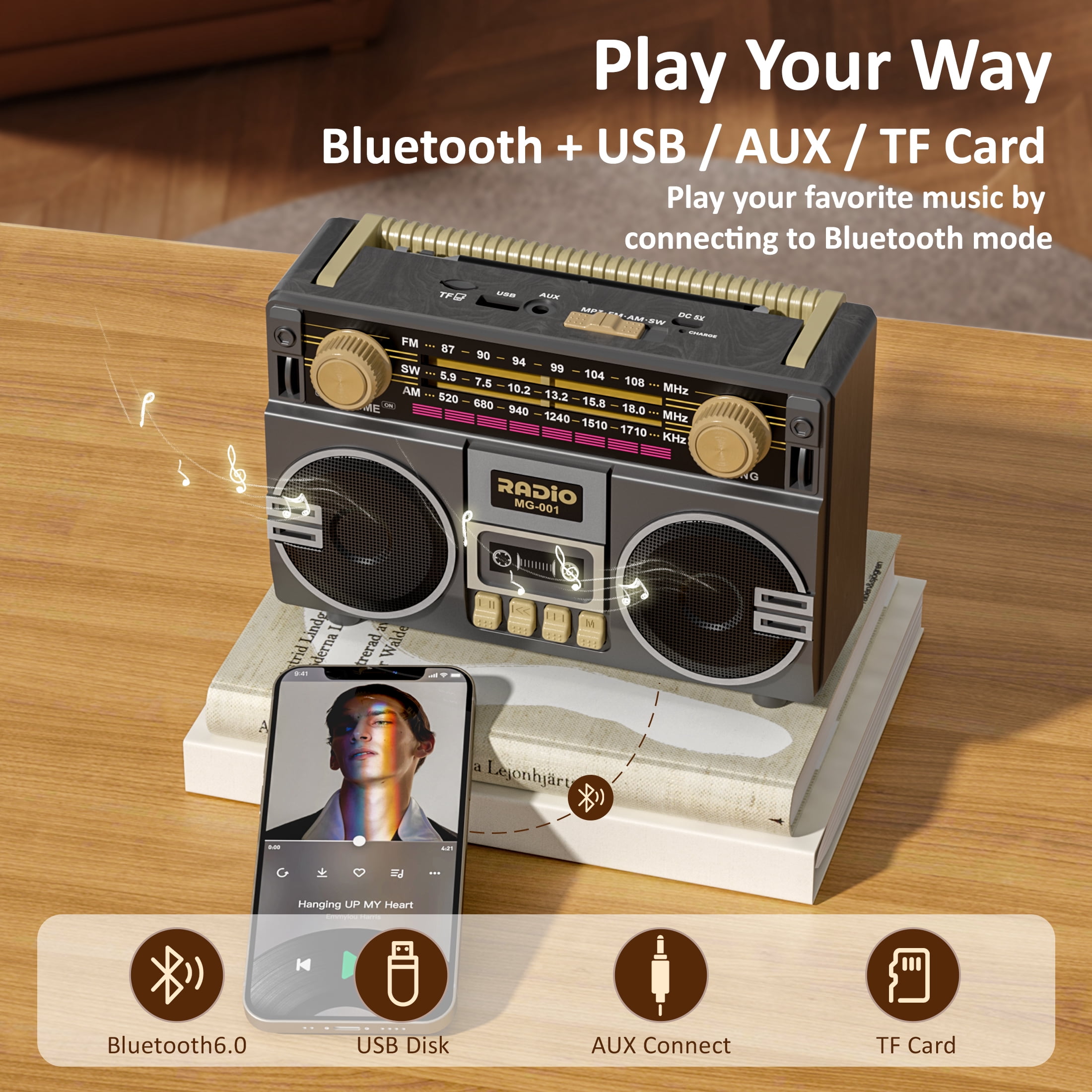 UMUTOO MG001 Retro Vintage AM/FM/SW Radio Bluetooth Speaker with Large Knobs, Dual Speakers, Rechargeable, Portable for Home, Outdoor, Gifts, Elderly, Father's Day