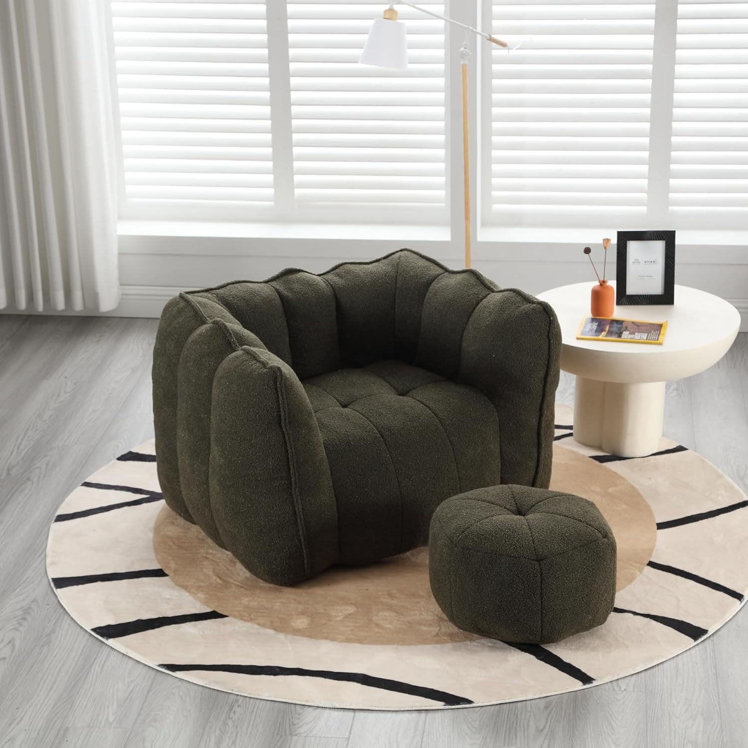 Tabaray Bean Bag Chairs with Ottoman, Bean Bag Couch for Adults, Bean Bag Sofa w High Resilient Foam, Modern Lazy Sofa Chair with Armrest for Living Room, Bedroom, Gaming Room, Apartment Olive Green