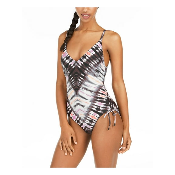 BAR III Women's Black Tie Dye Shirred Sides Ties V-Neck Adjustable Moderate Coverage One Piece Swimsuit XS