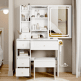 thumbnail image 2 of Left Drawer Desktop Vanity Table + Cushioned Stool, With 2 AC + 2 USB Socket, Extra Large Sliding LED Mirror, Touch Control, Tri-color, Brightness Adjustable, Large Size Desktop, Multi-layer Storage, 2 of 8