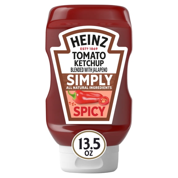Heinz Spicy Simply Tomato Ketchup Blended with Jalapeno With All Natural Ingredients Inverted Squeeze Bottle, 1 Bottle, for Easy Sharing and Easy Serving, No High-Fructose Corn Syrup,13.5 oz