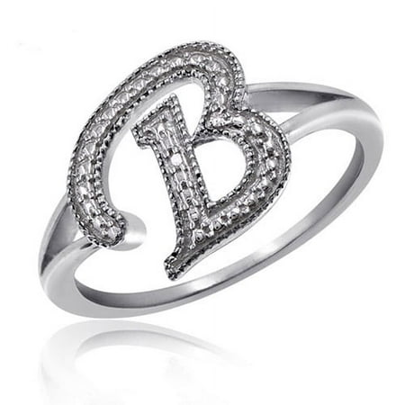 JewelersClub Accent White Diamond Initial Letter Ring for Women | Customizable Sterling Silver B Alphabet Monogram Ring for Girls | Cursive Script Capital Letters | Personalized Jewelry Gift for Her