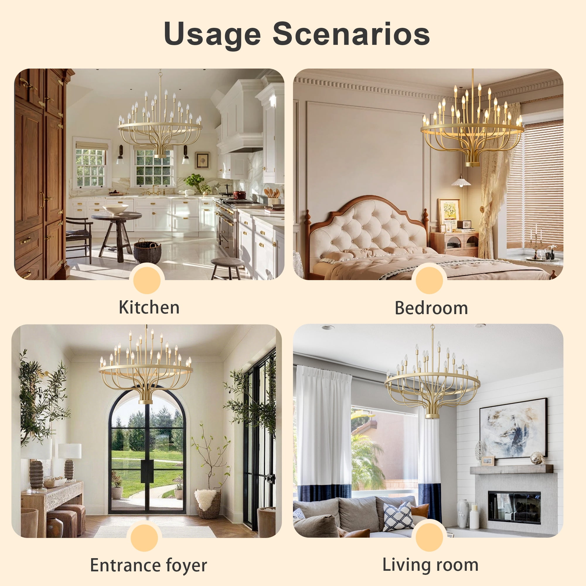 24 Lights Gold Chandelier Modern Farmhouse Pendant Lighting - Adjustable Height Antique Brass Ceiling Light for Dining Room, Foyer, Entryway, Living Room