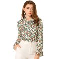 thumbnail image 1 of INSPIRE CHIC Blusa con cuello en V y lazo floral para mujer, camisa de manga larga con volantes y trompeta vintage, top Blanco verde S, 1 of 6