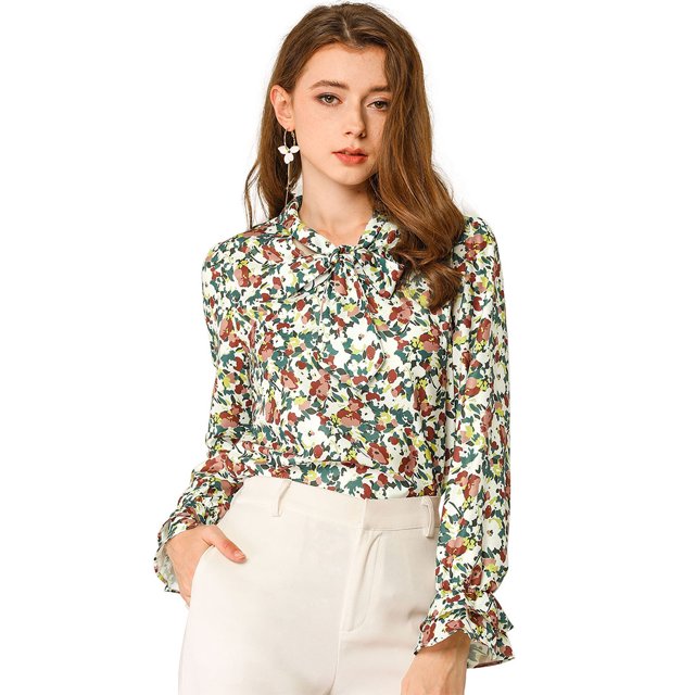INSPIRE CHIC Blusa con cuello en V y lazo floral para mujer, camisa de manga larga con volantes y trompeta vintage, top Blanco verde S