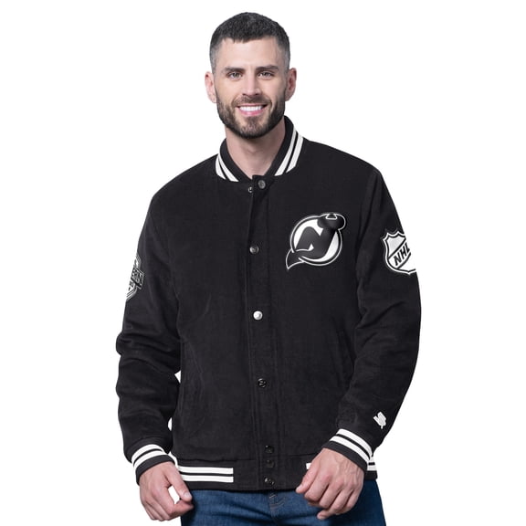 Men's Starter Black New Jersey Devils Blackout Corduroy Full-Snap Varsity Jacket