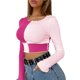 thumbnail image 1 of Camisa de empalme con cuello redondo y bloque de color de manga larga con ribete de volantes informal para mujer Rose Red L, 1 of 6