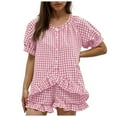 thumbnail image 4 of Plaid Pajamas Set for Women Puff Sleeve Button Down Sleepwear Matching Ruffle Shorts Cute 2 Piece Pjs Lounge Sets, 4 of 7