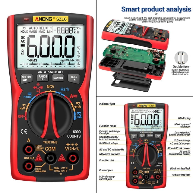 Detector de condensadores de transistores multímetro digital de mano Mide con precisión con precisión con precisión con precisión 6000 conteos de capa - Rojo sz16 Macarena Multímetro digital