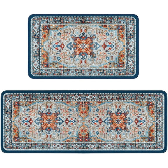 Blue Teal Boho Style Kitchen Rugs Sets,Kitchen Mats for Floor 2 Piece,Washable Kitchen Rugs Non Slip (17"x48" 17"x24")