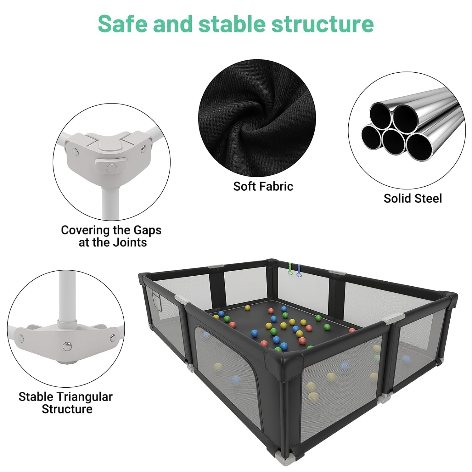 NEGYLIM 73" ×61" Large Baby Playpen, Baby Playard for Babies and Toddlers, Baby Fence Play Pens for Indoor & Outdoor, Sturdy Safety Play Yard with Soft Breathable Mesh and Carry Bag, Anti-Fall, Black