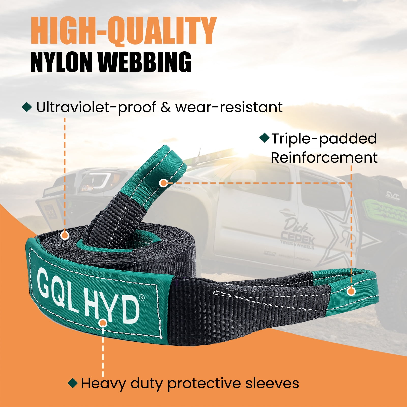 Tow Strap, 3.15 in. x 22 ft. long, Heavy Duty Trailer Strap with Hook D Ring (2 pack), Breaking Strength 35,944 lbs. for Automotive Logging/Truck/Boat/Motorcycle Towing (Orange/06)）