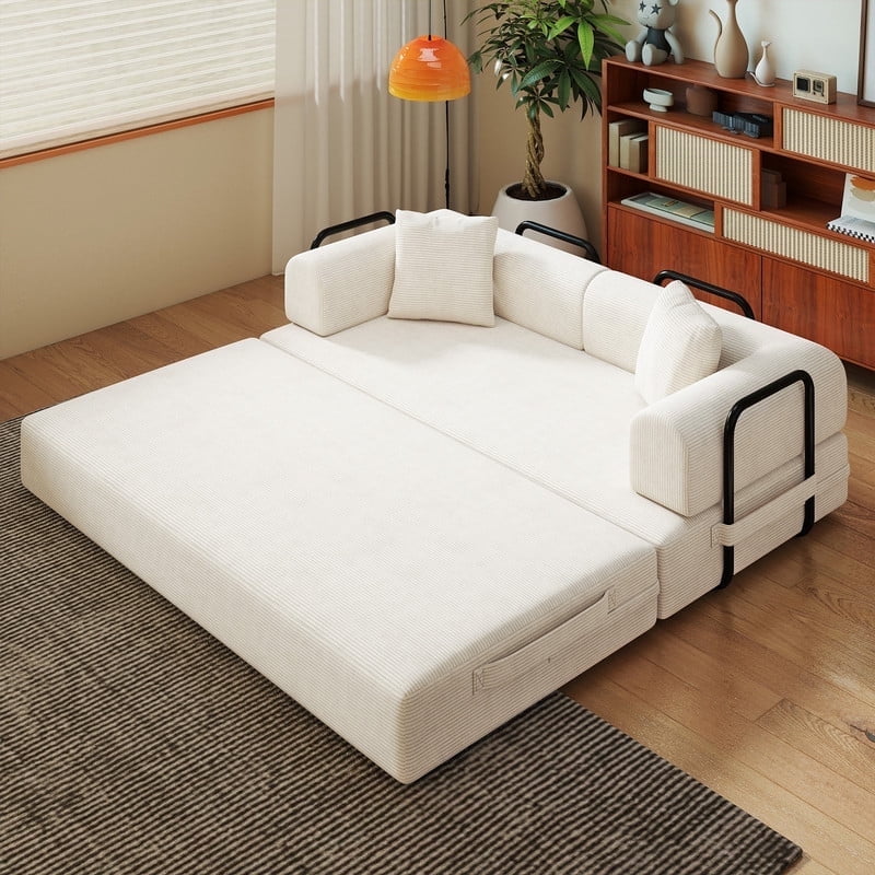 Daluvenix 4-in-1 Folding Convertible Sofa Bed 81 Inch Oversized Corduroy Upholstered Boneless Couch Loveseat Sleeper with Pull Out Bed Beige