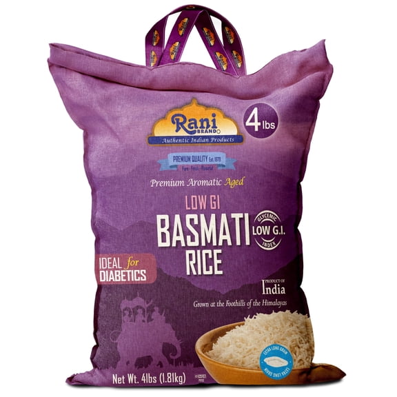 Rani White Basmati Rice Low GI (Glycemic Index) Extra Long Aged, Ideal for Diabetics, 4lbs (64oz) 1.81kg Cloth Bag ~ All Natural | Gluten Free | Vegan | Indian Origin | Export Quality