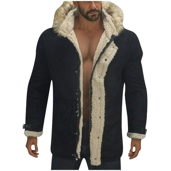 guisaled Men Winter Jackets Faux Shearling Midlength Overcoats Sherpa Lined Leather Jacket Winter Warm Plush Lapel Collar Suede Jackets Clothes