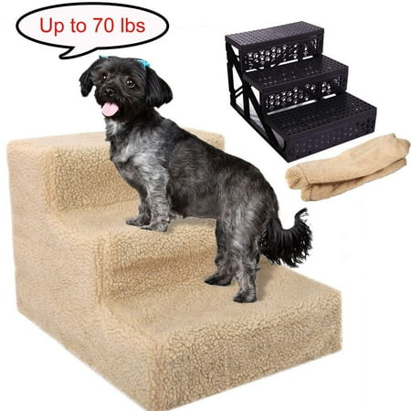 Mini Dog Stairs - New Pet 3-Steps Stairs Soft Portable Cat Dog Ramp Ladder Small Climb With Fleece Cover For Puppy Kitten Up to 70 lbs Beige