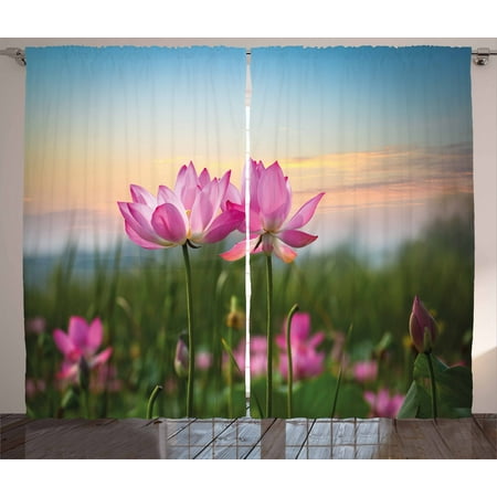Beautiful Bedroom Set Lotus Curtains 2 Panels Set, Beautiful Asian Flower Blooming in Spring Meadow Natural Zen Garden, Window Drapes for Living Room Bedroom, 108W X 84L Inches, Light Pink Green Light Blue, by Ambesonne ()