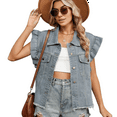 thumbnail image 1 of Gilet en Denim à Poignets en Bois Imprimé Léopard et Uni pour Femmes, Chic Décontracté avec Poches à Rabat Décoratives, Bleu TG, 1 of 10