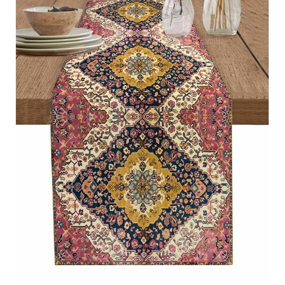 Southwest Aztec Table Runner Cotton Linen 60 Inch Holiday Dresser Scarves, Boho Tribe Traditional Floral Patterned Tablerunner for Kitchen Coffee Dining Bedroom Dinner Scarf Décor 13''x60''